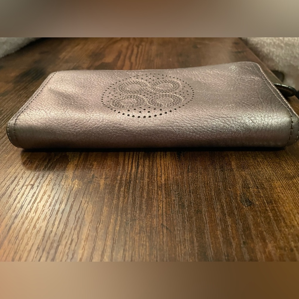 Coach Audrey Perforated C Pewter Color Metallic Zip Around Accordion Wallet